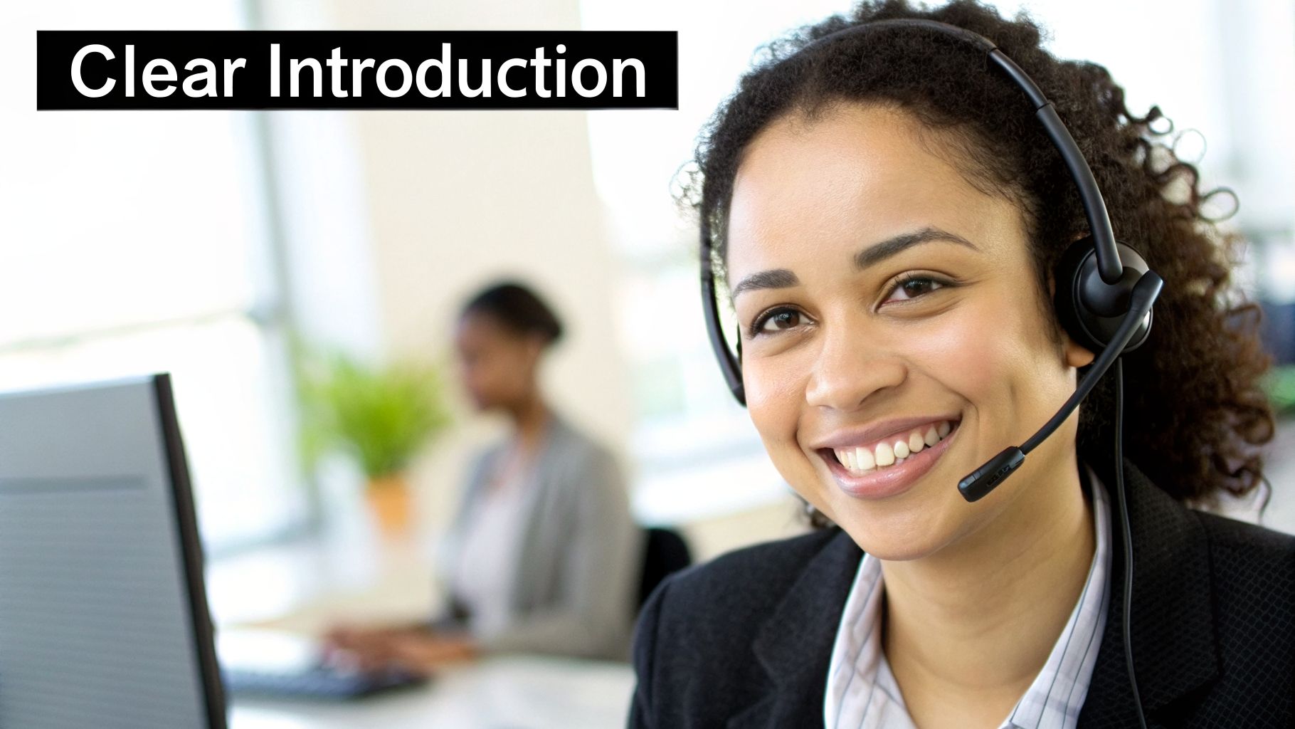 A smiling customer service agent wearing a headset, with 'Clear Introduction' text overlay.