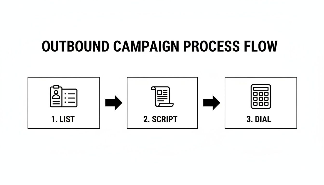 A diagram illustrating the three-step outbound campaign process flow, including List, Script, and Dial.