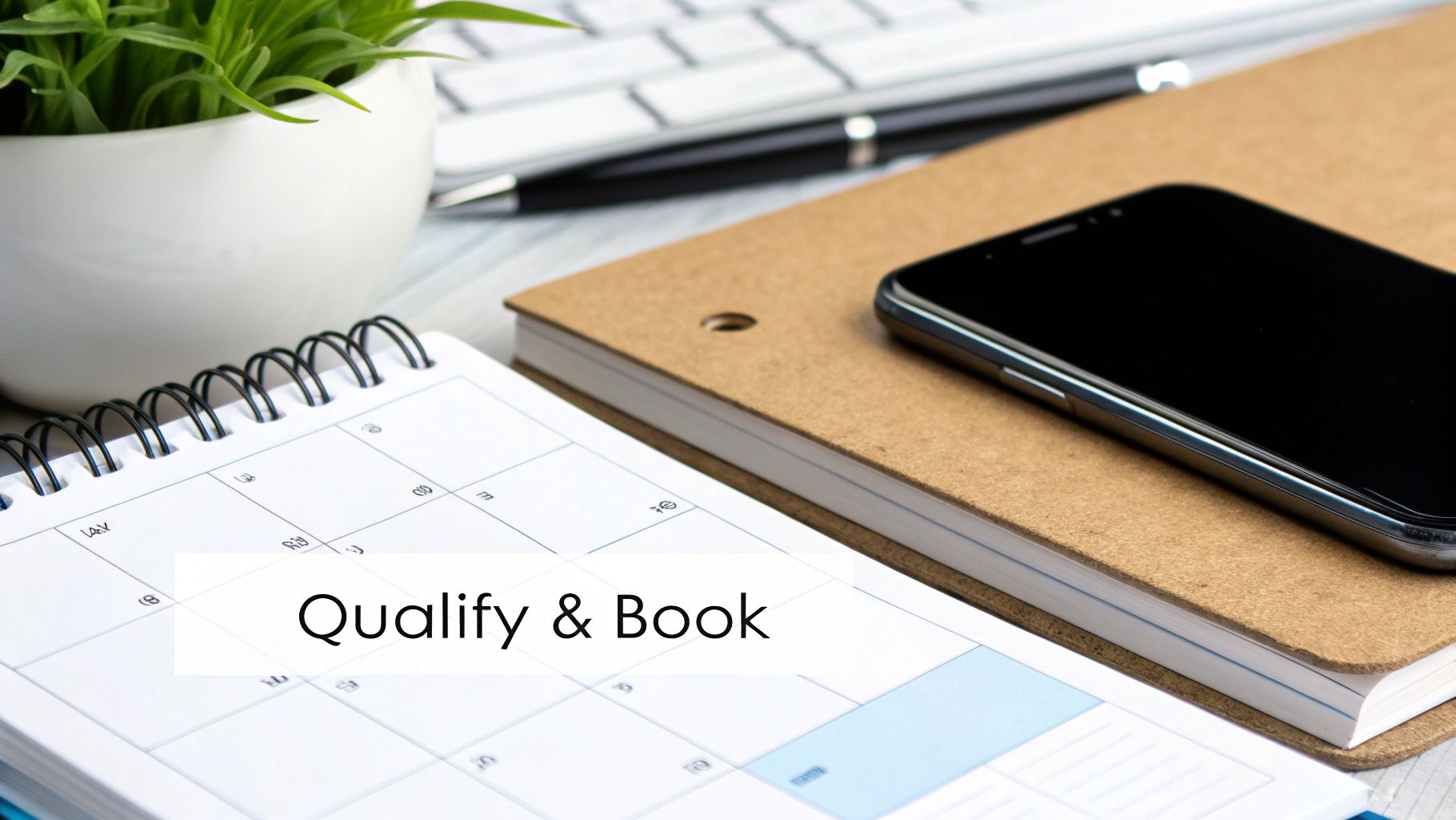 A desk with a spiral calendar displaying 'Qualify & Book', a plant, pen, and smartphone.