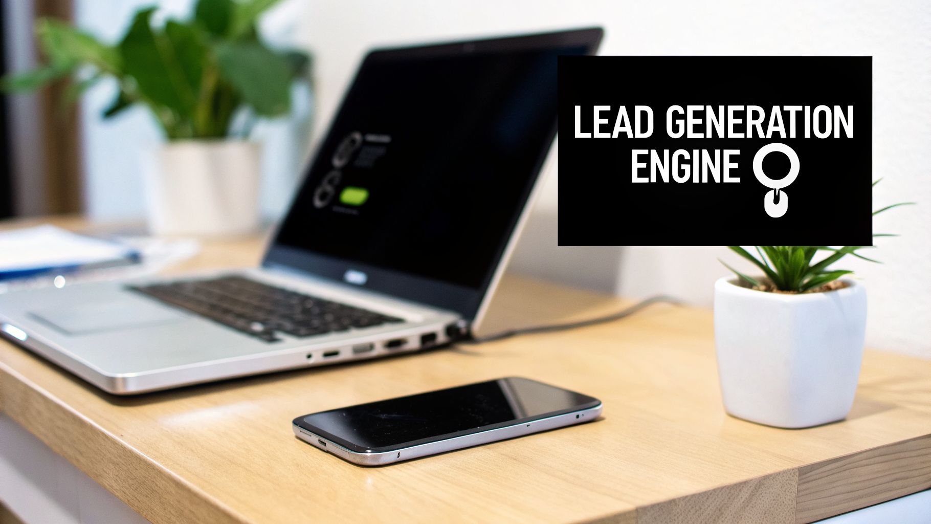 A desk with a laptop, smartphone, plants, and a black box overlay stating 'LEAD GENERATION ENGINE'.