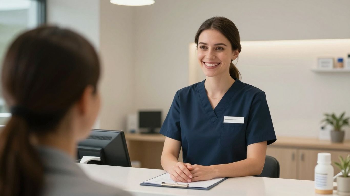 Dental receptionist greeting a patient at the front desk.