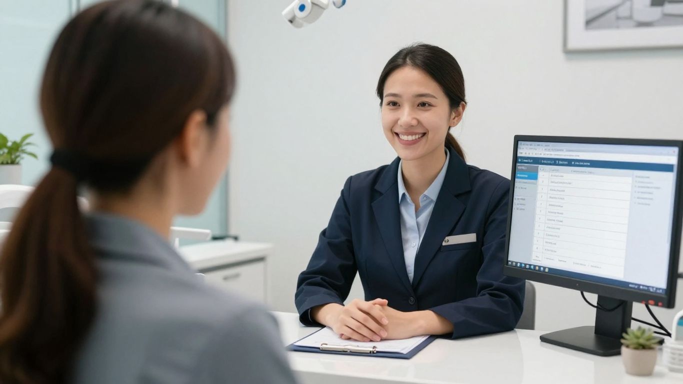 Dental receptionist using technology at the front desk.