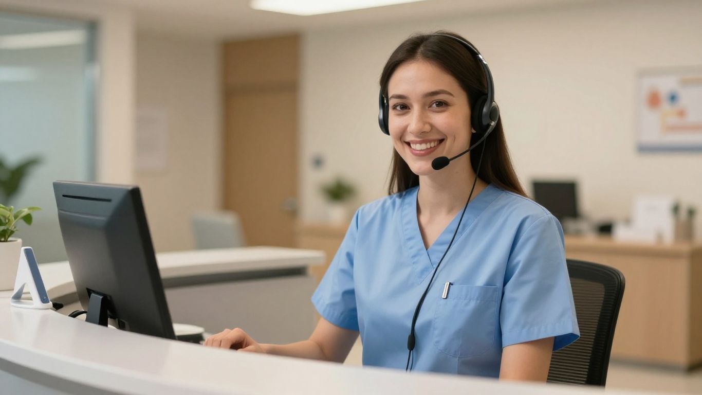 Medical receptionist with headset in a modern office.