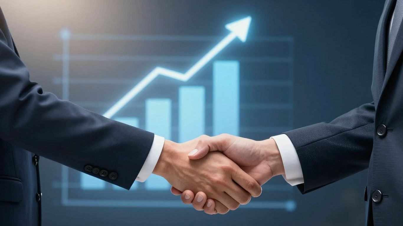 Business owner and AI robot shaking hands, growth charts ascend.