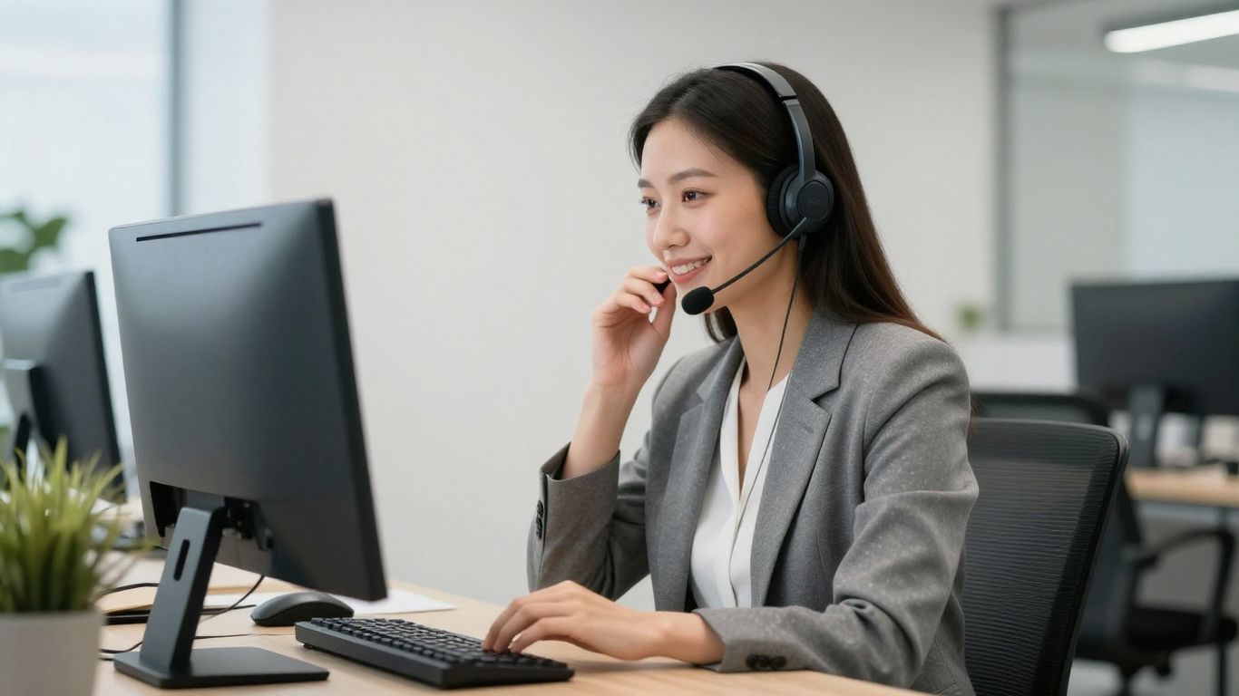 Professional woman using headset in a modern office.