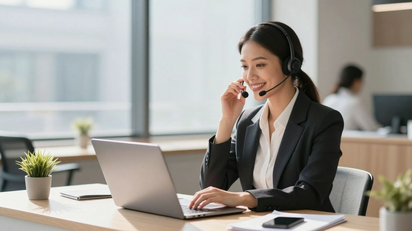Professional receptionist working in a modern office.