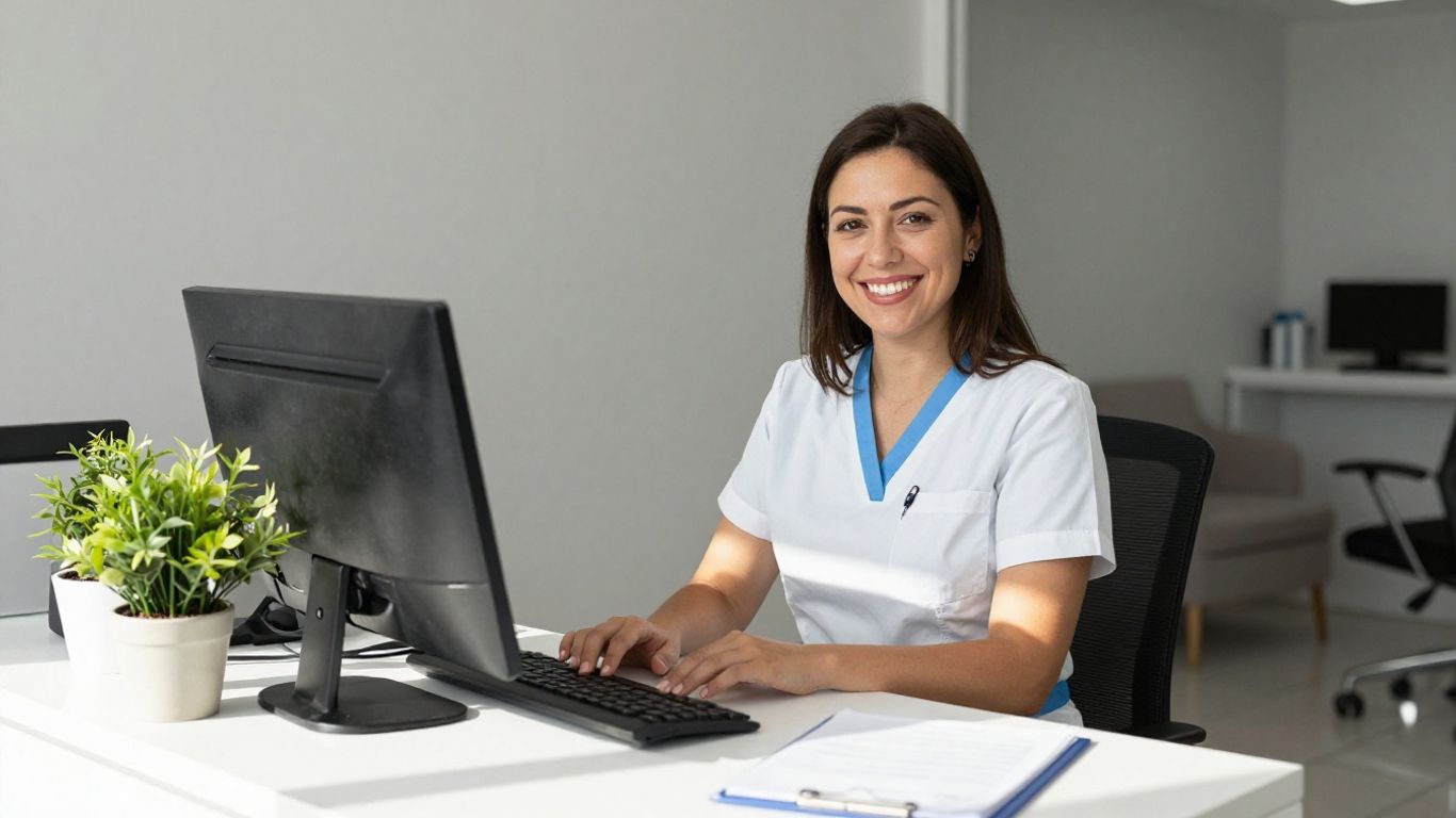 Dental office receptionist smiling at the front desk.
