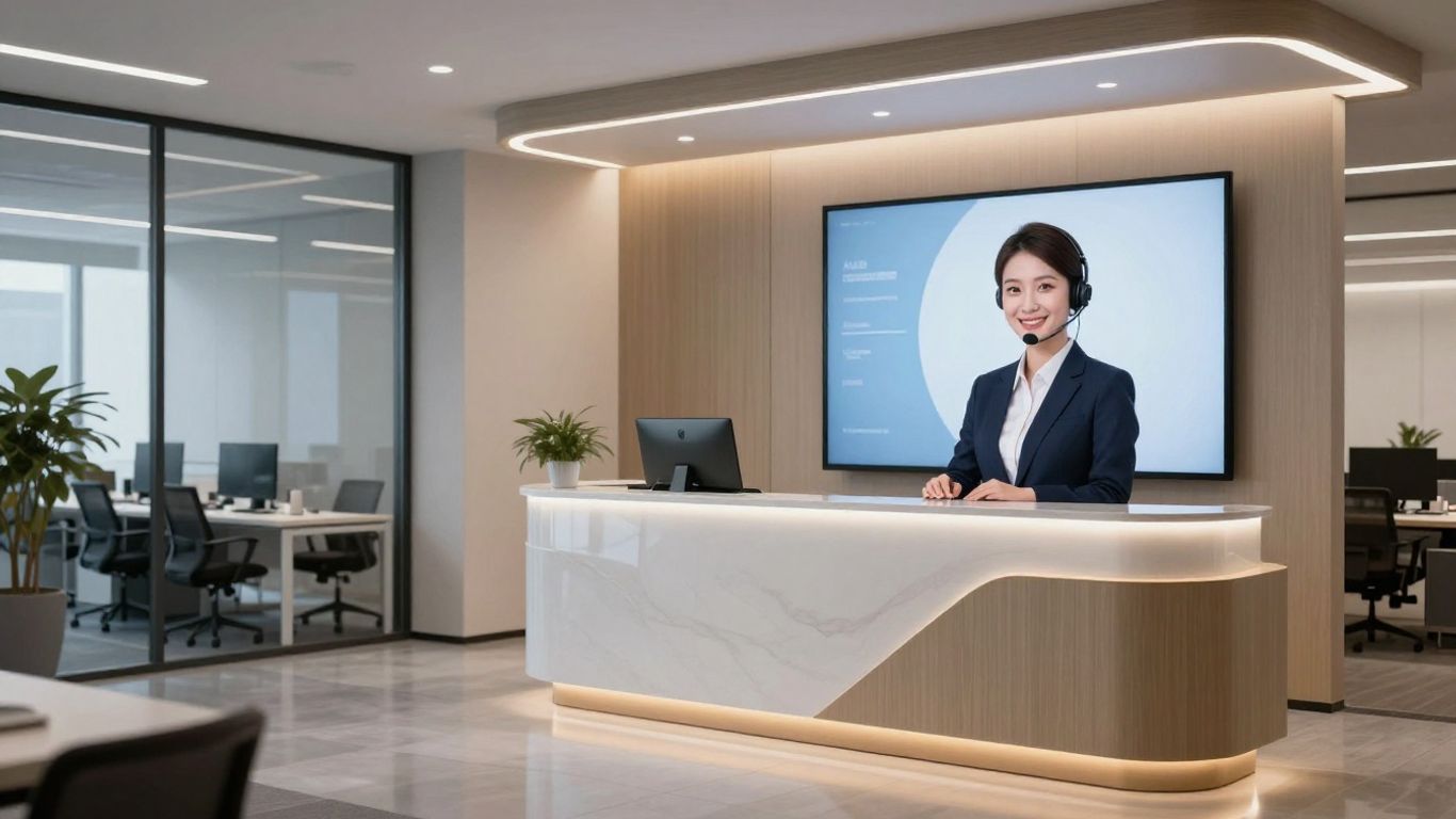 AI receptionist avatar on a screen in a modern office.