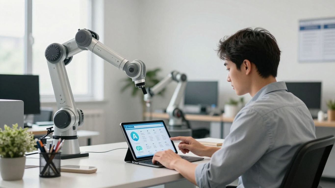 Small business owner using AI automation tools on a tablet.