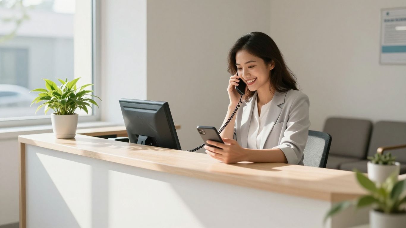 Medical office receptionist answering phone