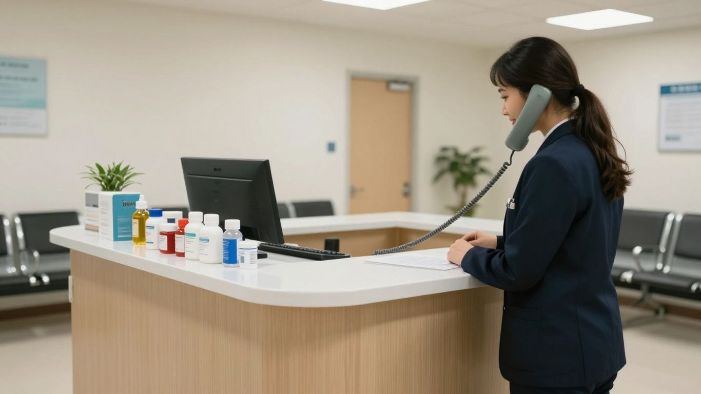 Medical office receptionist answering a phone call.