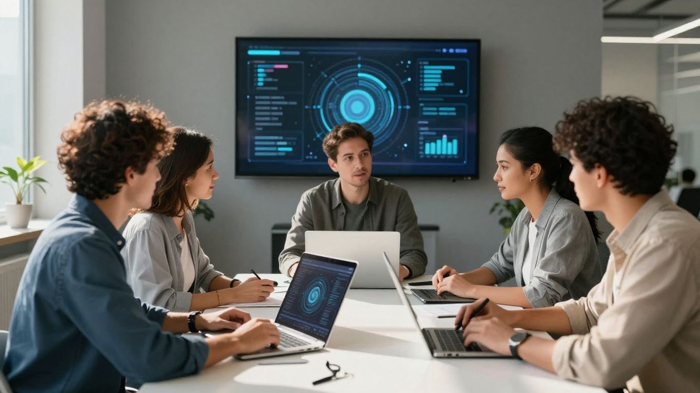 Team collaborating with futuristic AI interfaces.