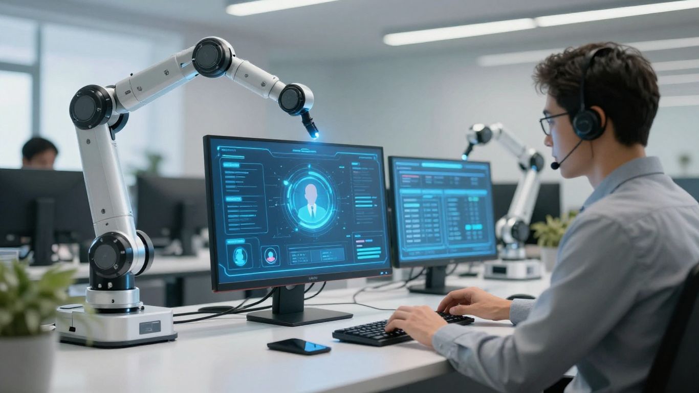 AI agent automating customer interactions in a modern office.