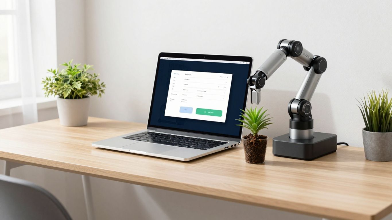 Laptop with AI interface and robotic arm on a desk.