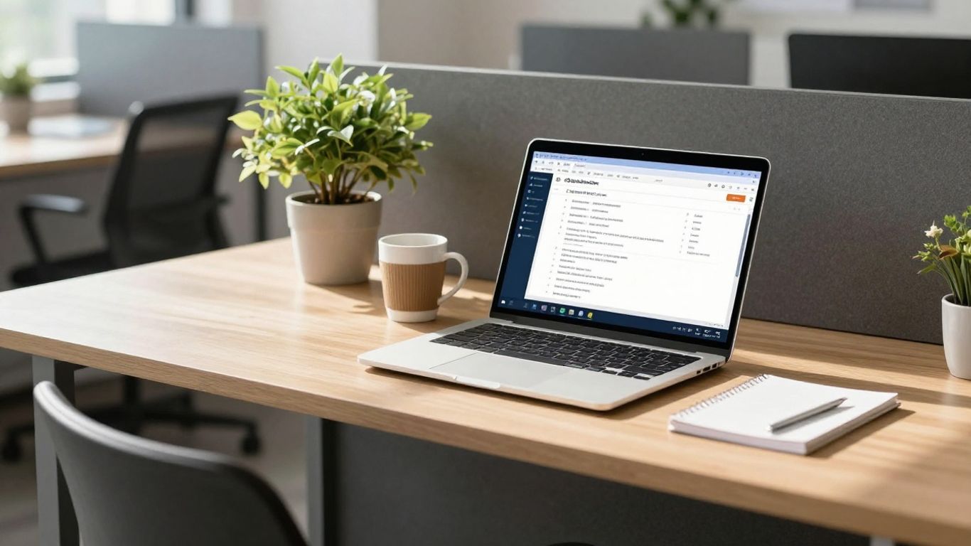 QuickBooks software interface on a laptop in an office.