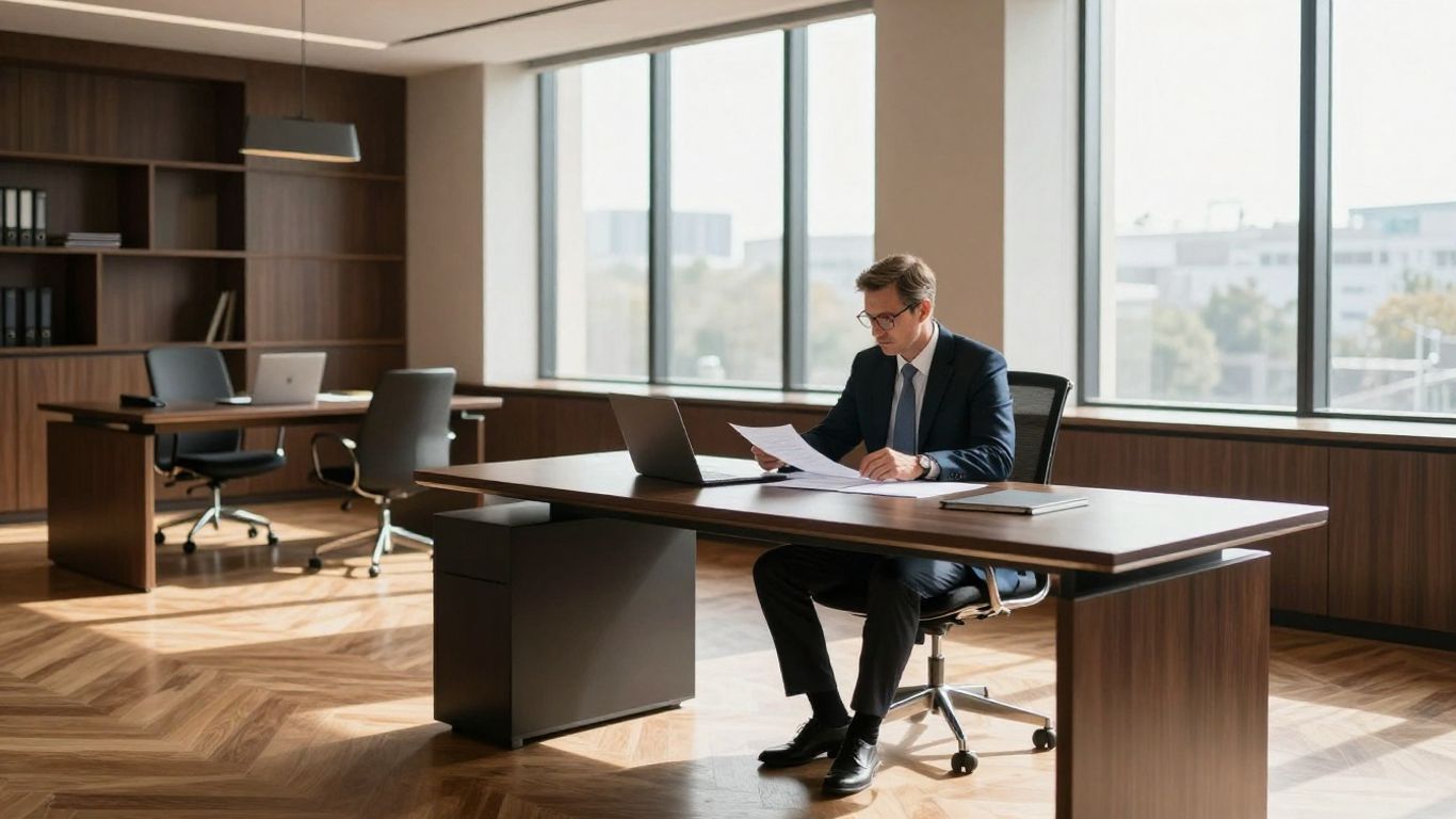 Law firm office with attorney at desk.