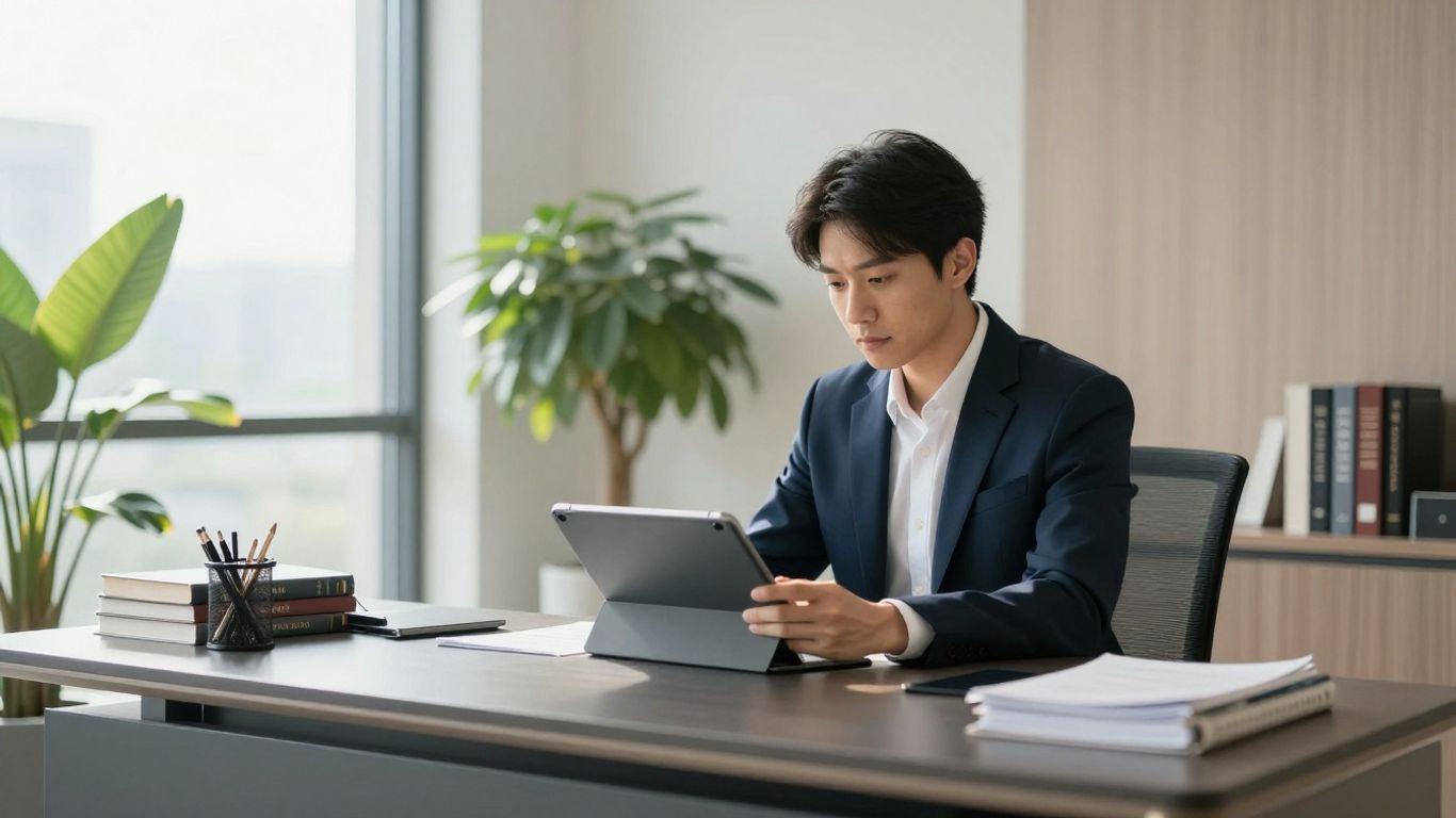 Lawyer using technology in a modern office.