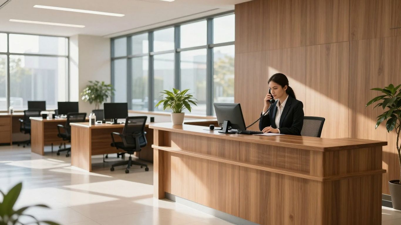 Law firm receptionist answering phone call in modern office.