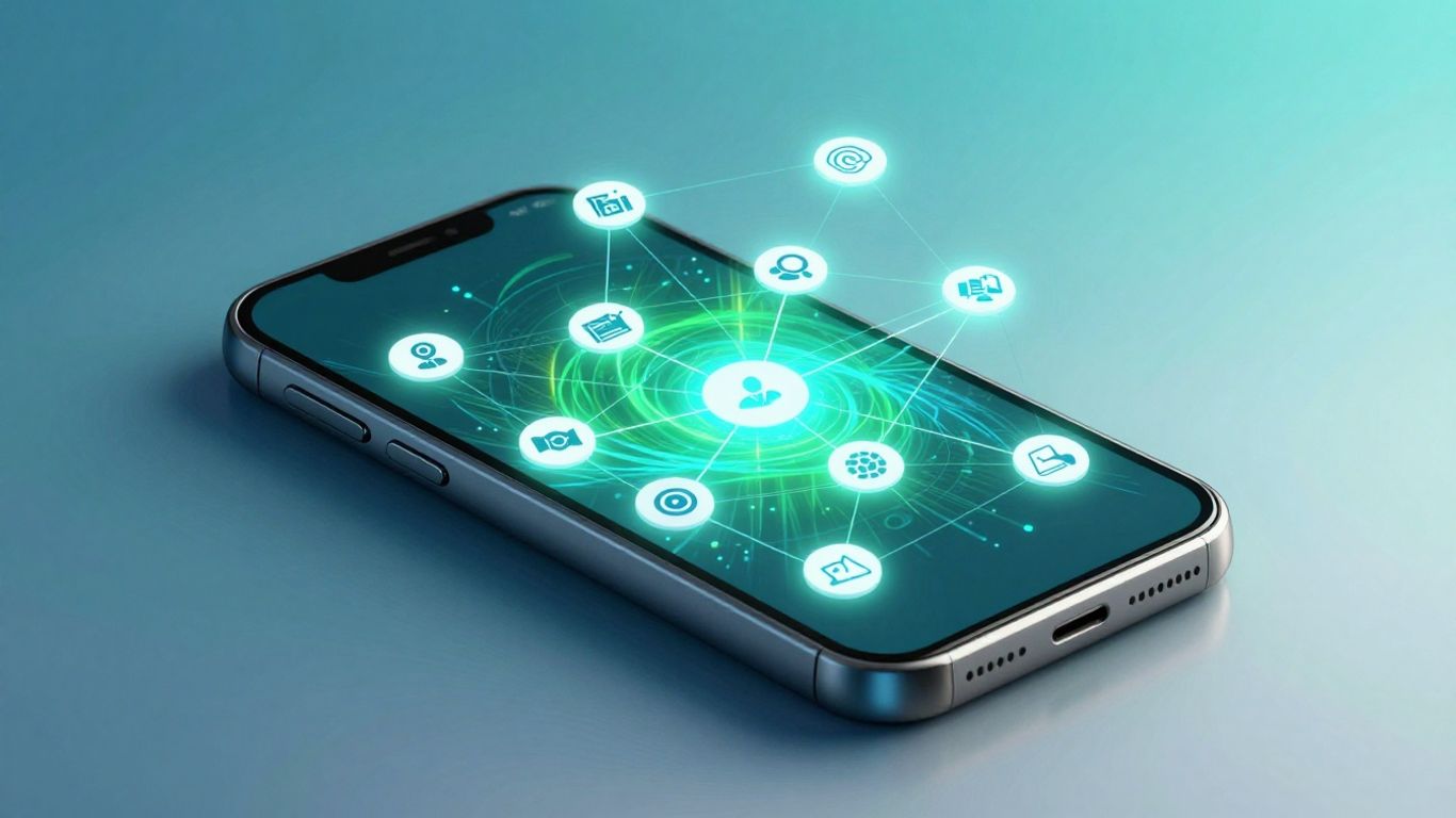 Smartphone with glowing network lines, business icons.
