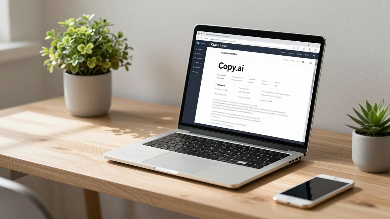 Copy.ai interface on a laptop in a bright workspace.
