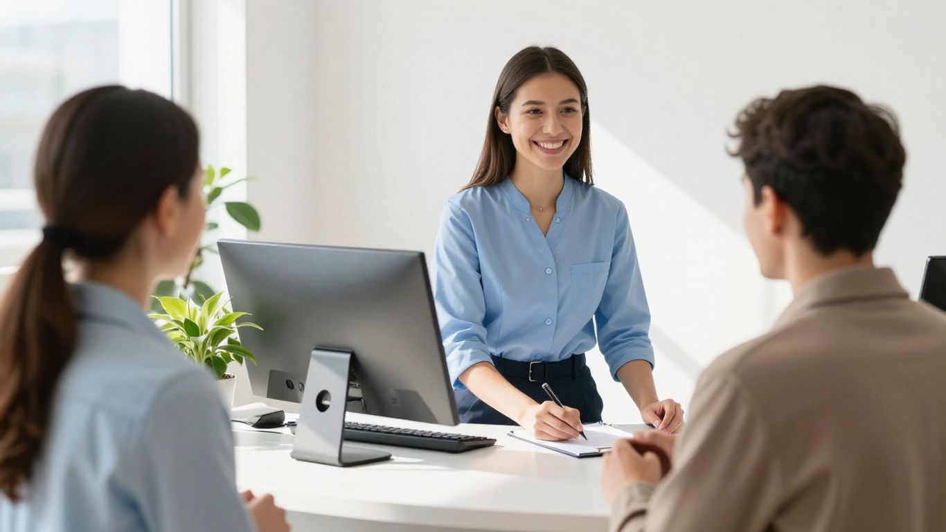 Dental receptionist assisting a patient at the front desk.
