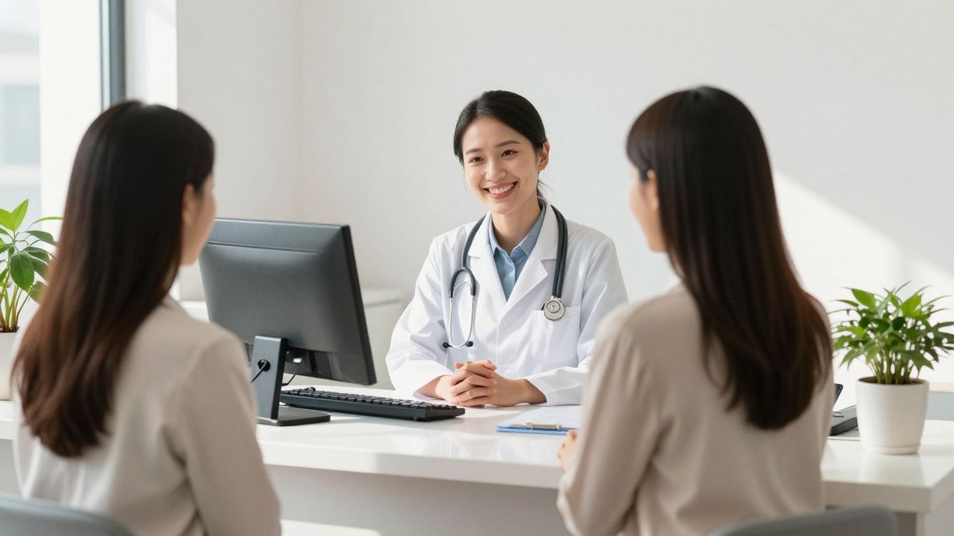 Dental receptionist assisting a patient at the front desk.