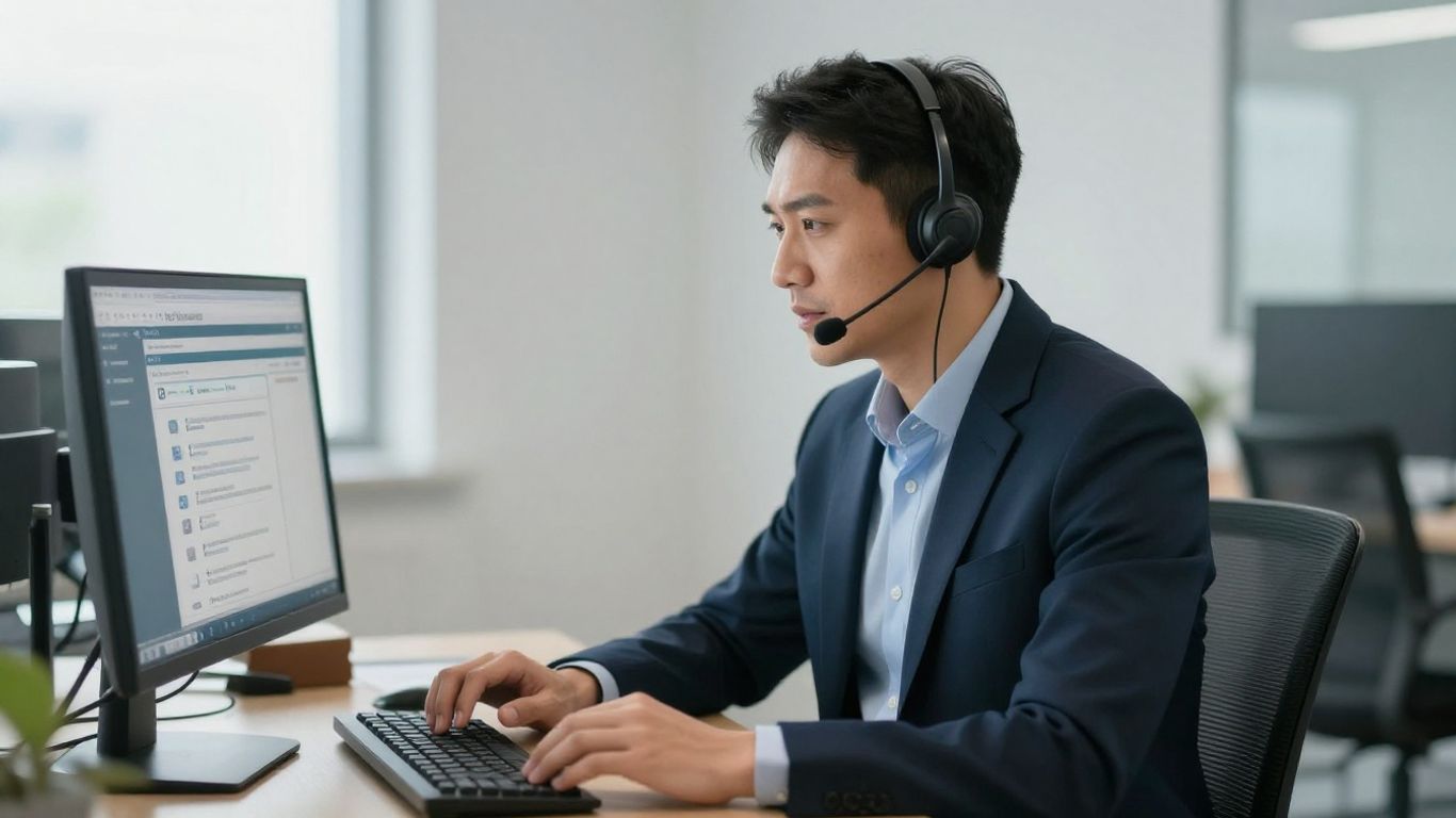 Immigration lawyer using a headset and computer for client calls.