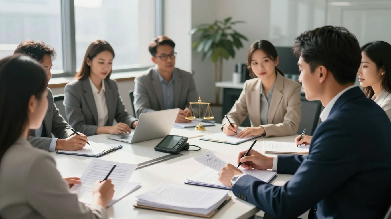 Lawyers collaborating in a modern office with sunlight.