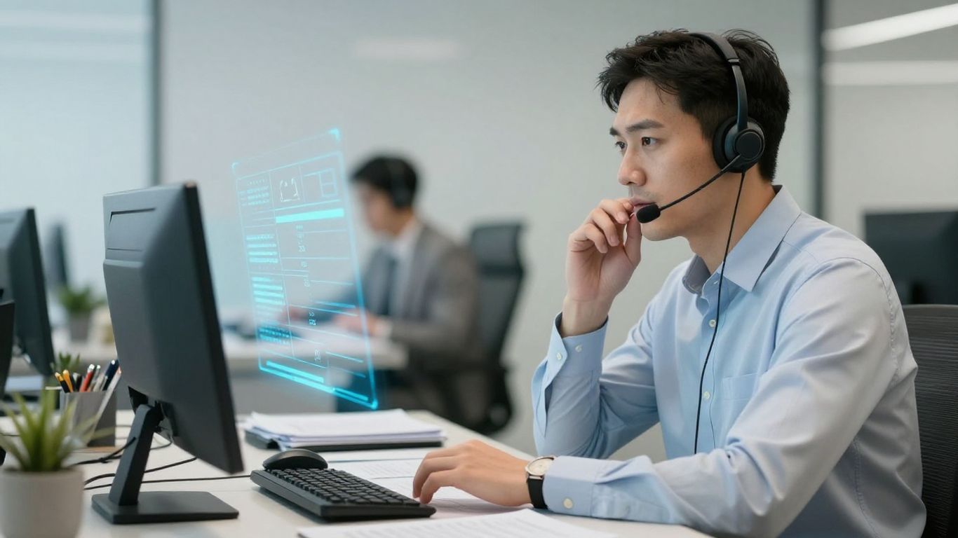 Attorney using headset for client intake with AI.