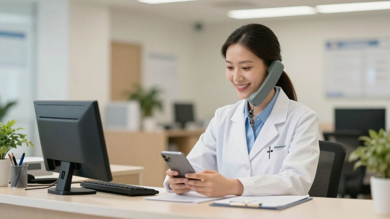 Medical office receptionist answering a phone call.