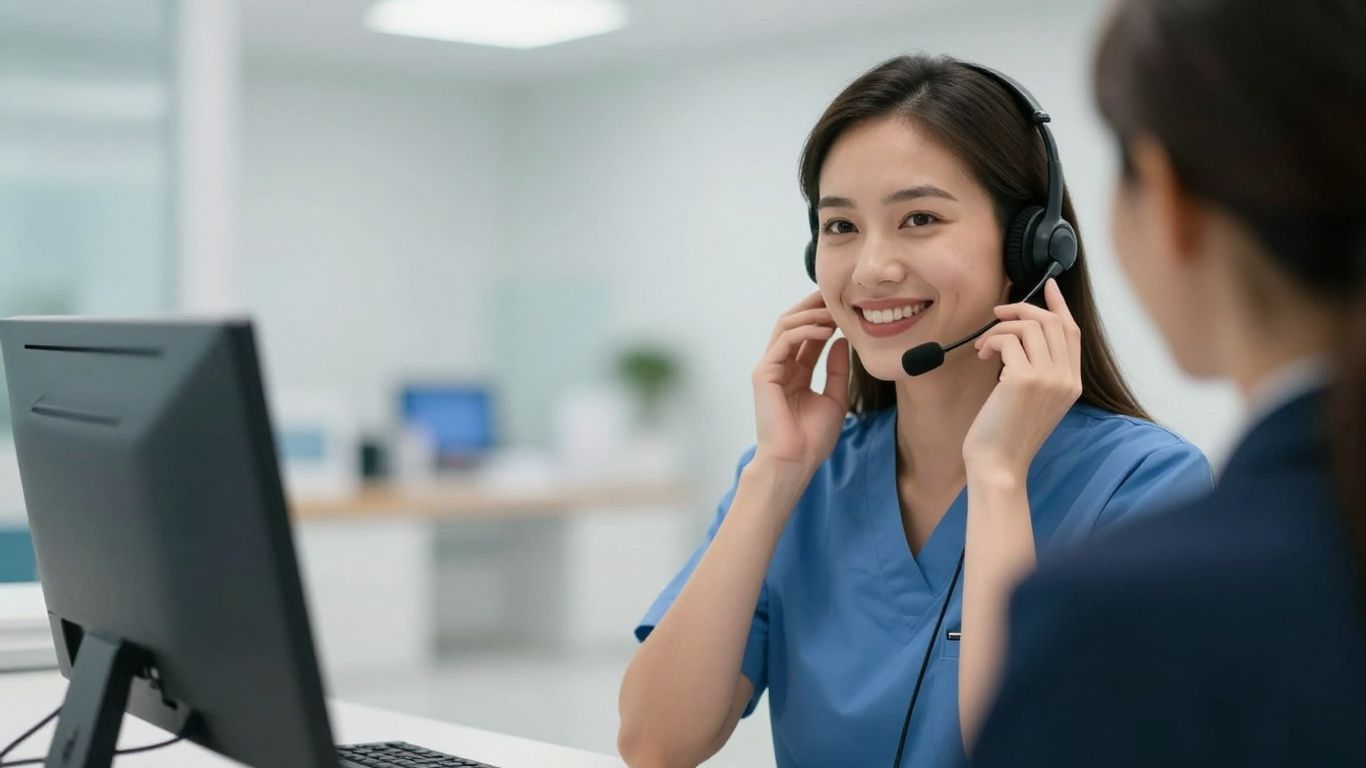 Medical receptionist using a headset in an office.