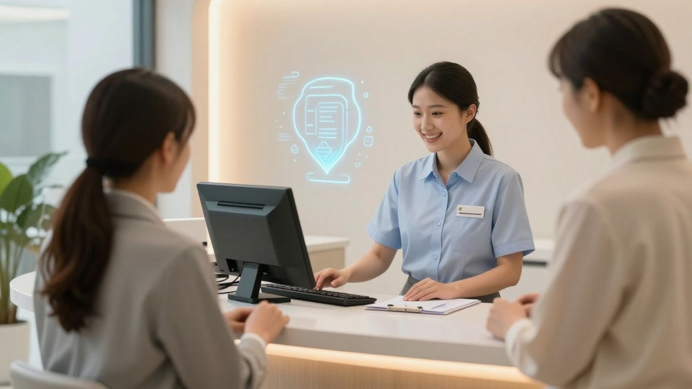 Medical office receptionist and patient with AI elements.