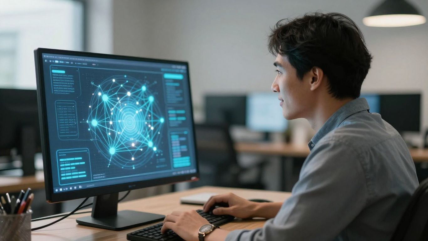 Business owner interacting with AI marketing automation interface.