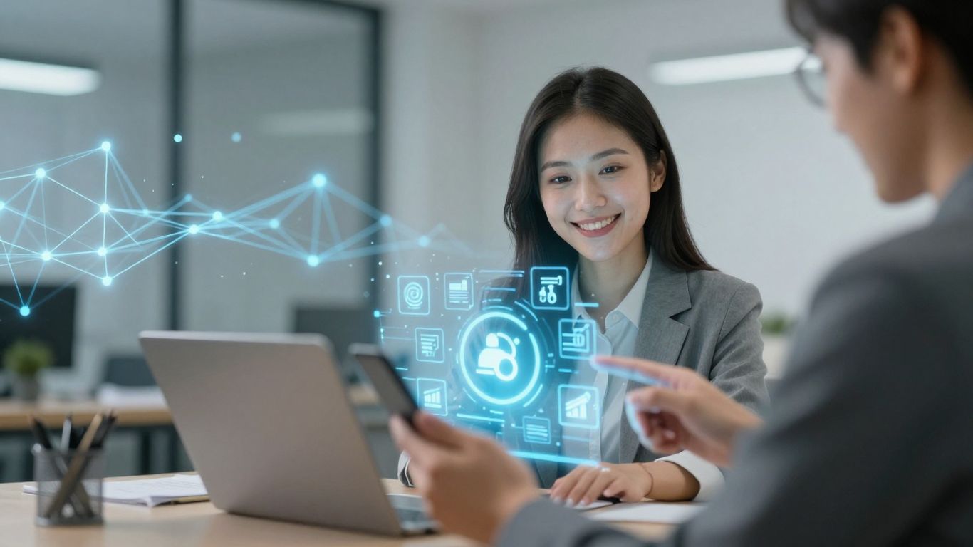 Small business owner using AI marketing automation on a tablet.