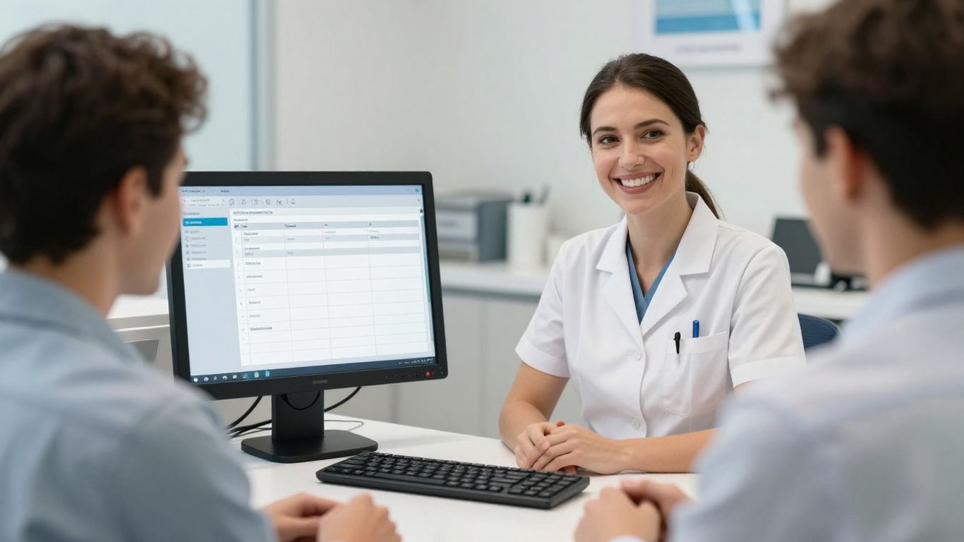 Dental receptionist assisting a patient at the front desk.