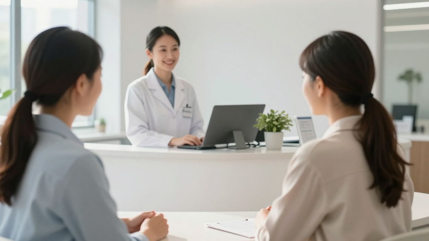 Medical office with smiling receptionist and patient.