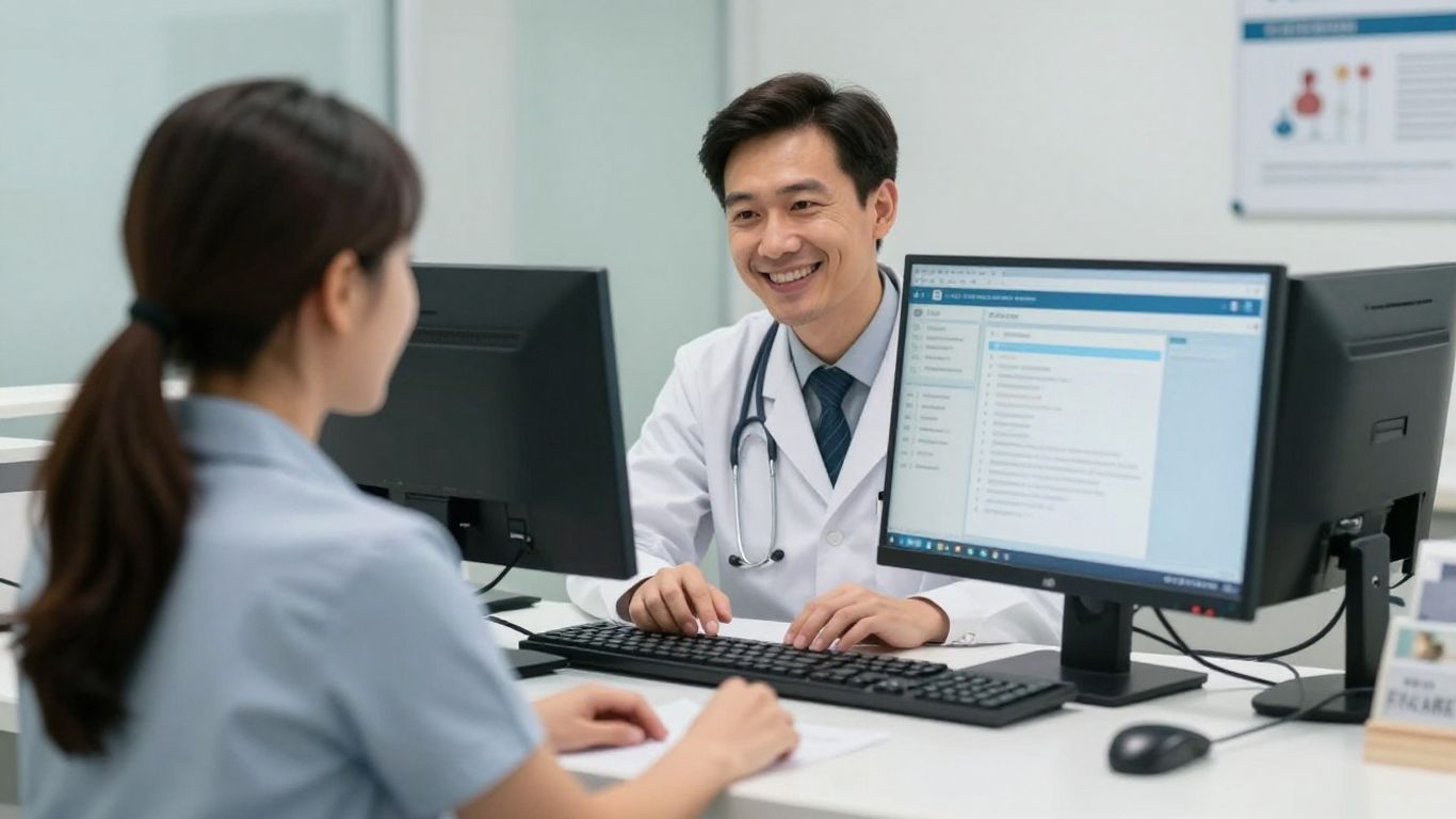 Medical office with receptionist and patient, secure technology.