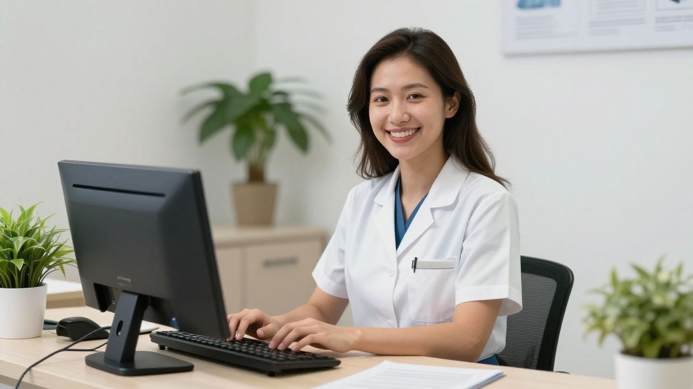 Dental receptionist at desk with computer and plant.