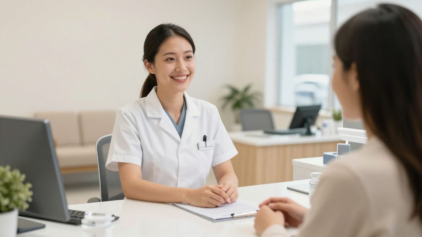 Dental receptionist assisting a patient at the front desk.