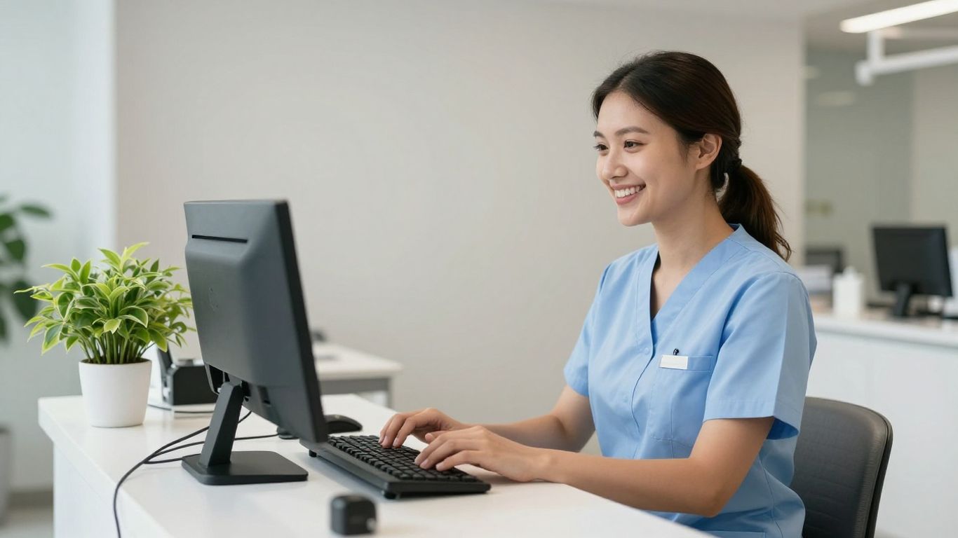 Dental receptionist at desk with computer and plant.