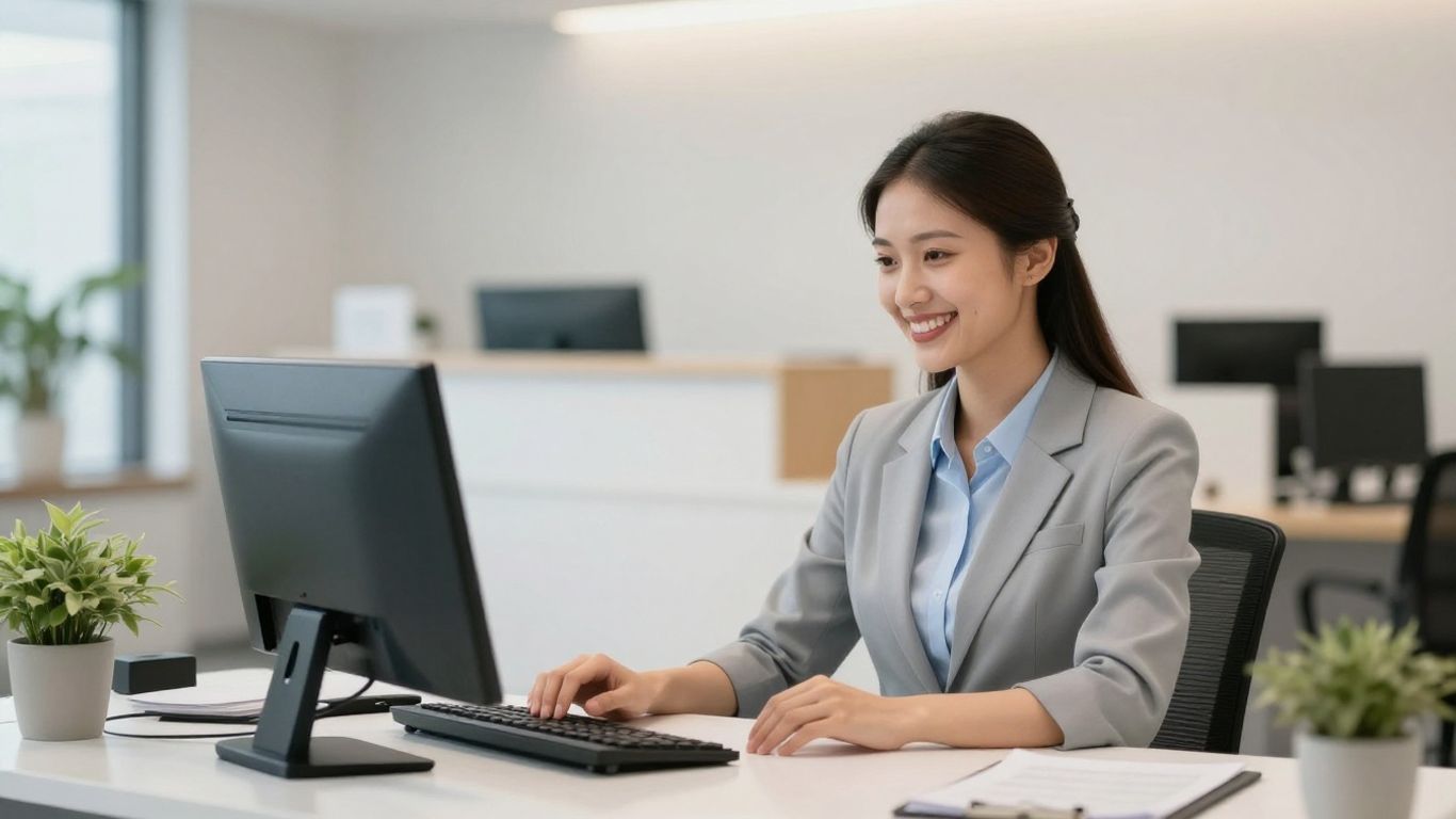 Professional receptionist assisting a business client.