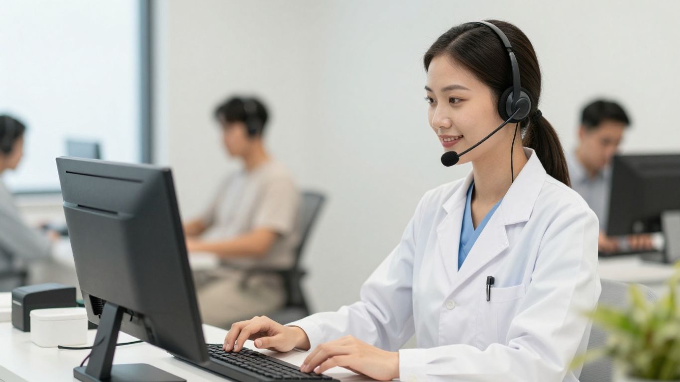 Medical office receptionist answering phone with headset.