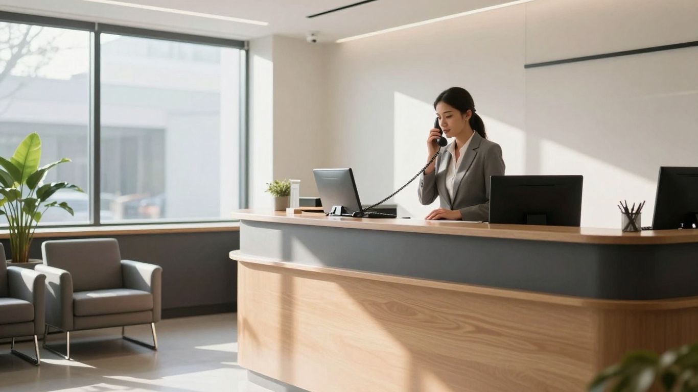 Law firm receptionist answering a phone call in a modern office.