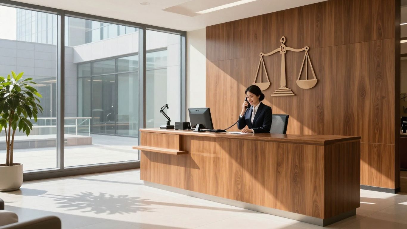 Law firm receptionist answering a phone in a modern office.