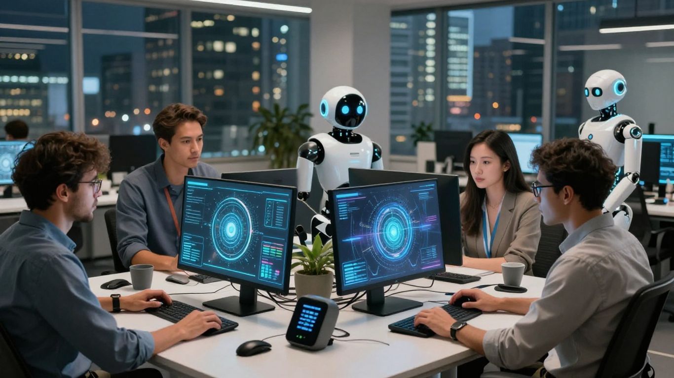 Futuristic office with AI tools and collaborating entrepreneurs