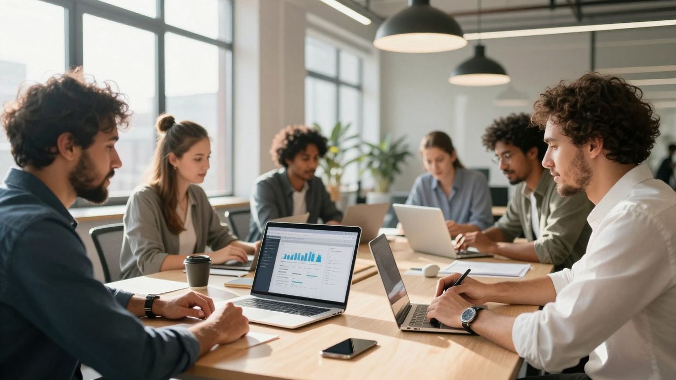 HubSpot interface on a laptop in a modern office.