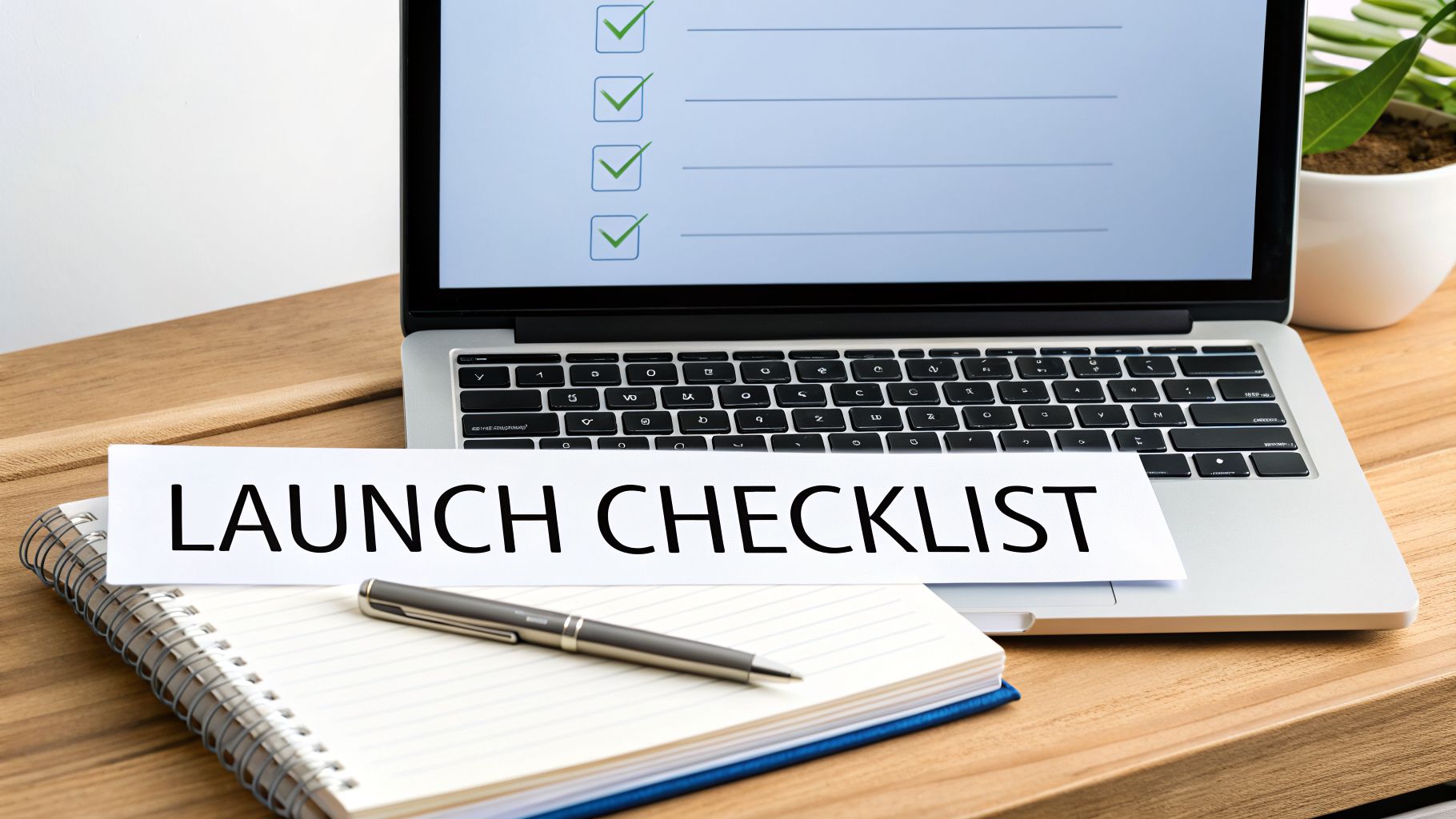 A laptop displays a checked checklist, next to a 'LAUNCH CHECKLIST' paper, notebook, and pen.
