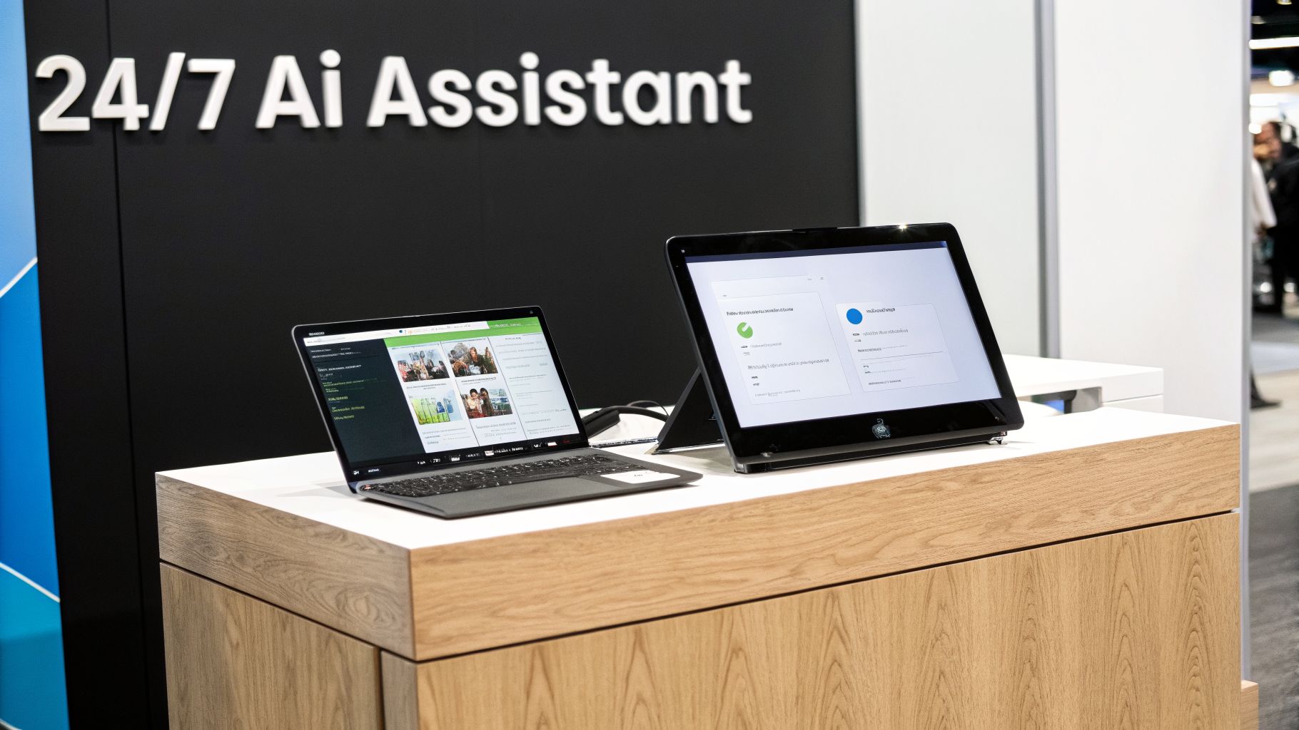 Two digital screens, a laptop and a tablet, demonstrating AI assistant software on a counter.