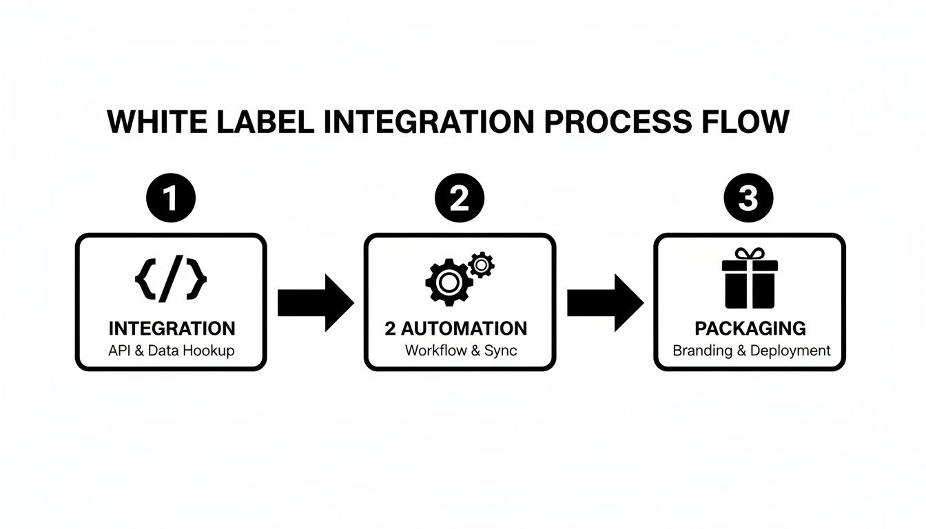 Flowchart depicting a 3-step white label integration process: API, automation, and branding for deployment.