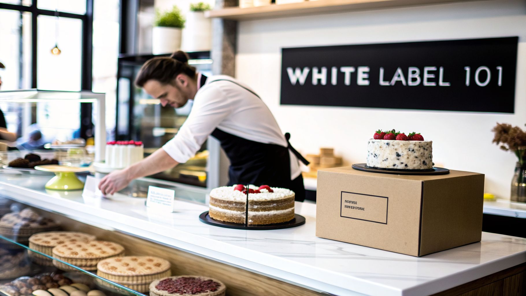 A baker in an apron arranging freshly made cakes and pastries in a bright, modern cafe.